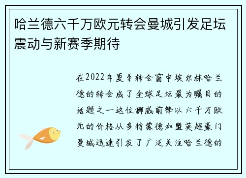 哈兰德六千万欧元转会曼城引发足坛震动与新赛季期待