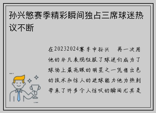 孙兴慜赛季精彩瞬间独占三席球迷热议不断